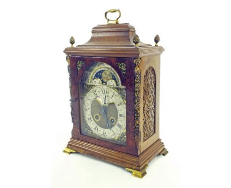 Contemporary Dutch walnut two train bracket clock striking on a bell, the 6" brass arched dial signed Johnson to the centre a