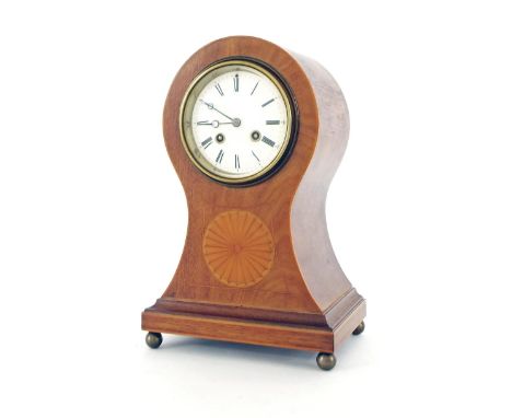 French mahogany two train balloon mantel clock striking on a bell, within an inlaid case, 12.5" high (pendulum and key)