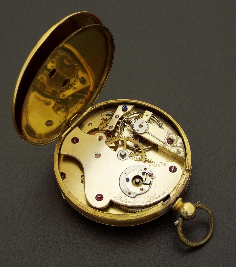 Continental 18ct Patent lever pocket watch, the movement with unusual