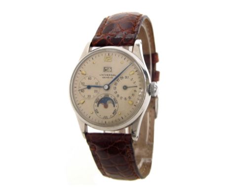 Universal Geneve 1940s triple calendar stainless steel gentleman's wristwatch, circular silvered dial with Arabic twelve, bat