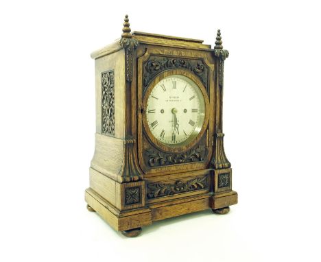 Good English oak double fusee bracket clock, the 5.5" silvered dial signed Viner, 158, New Bond St, London, no. 239, the subs