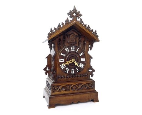 Black Forest two train cuckoo clock, within a gabled stepped case, 18" high (bearing Camerer, Kuss & Co label to the back doo