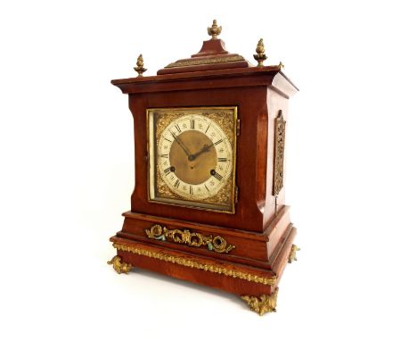 German walnut three train bracket clock striking the hours and quarters on five gongs, 18.5" high (pendulum)