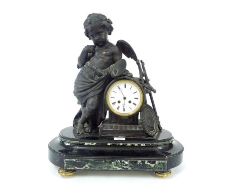 French bronzed and green marble two train figural mantel clock, the Japy Freres movement with outside countwheel and striking