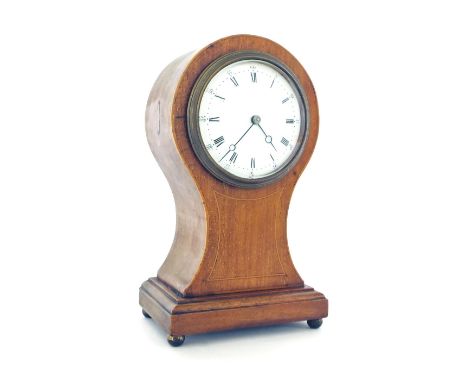 Small mahogany inlaid balloon mantel clock timepiece, 8.75" high (key)