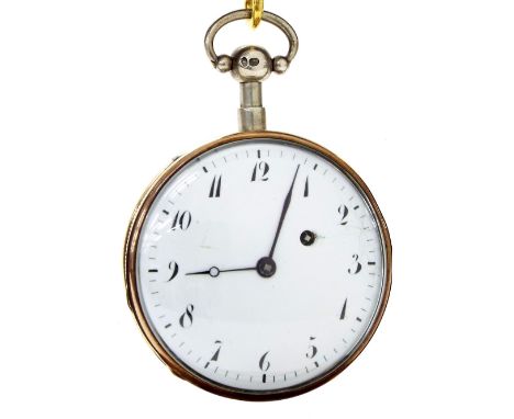 French verge quarter repeating pocket watch, the gilt dial with pierced balance bridge and silver regulating disc, plunge rep