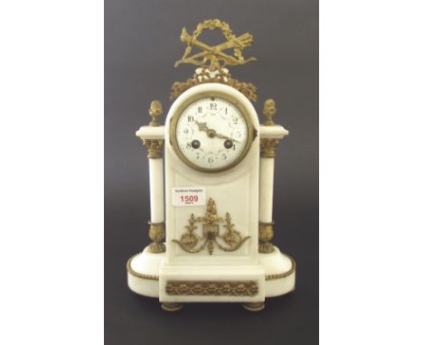 French white marble and gilt metal mounted two train mantel clock, the Vincenti movement striking on a bell, the 3" convex wh