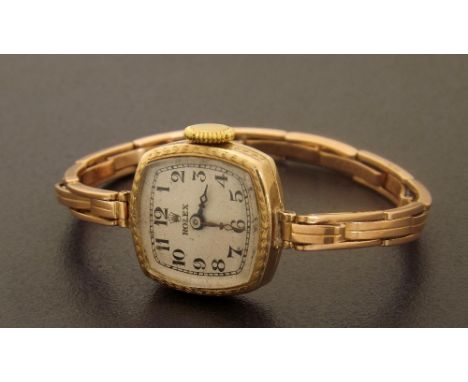 Rolex 9ct lady's bracelet watch, import hallmarks Glasgow 1924, square silvered dial with Arabic numerals and outer minute tr