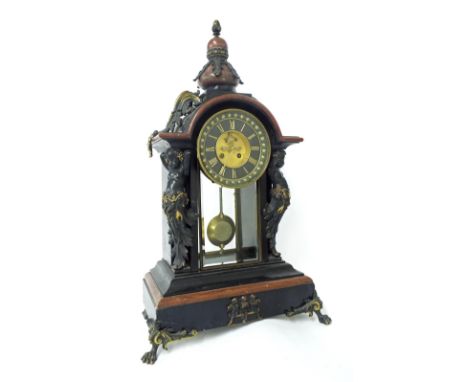 Good and impressive French black slate and red marble two train mantel clock striking on a bell, the 5" black marble chapter 