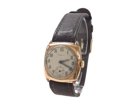Pinnacle 9ct cushion cased gentleman's wristwatch, London 1945, silvered dial with Arabic numerals, outer minute track and su