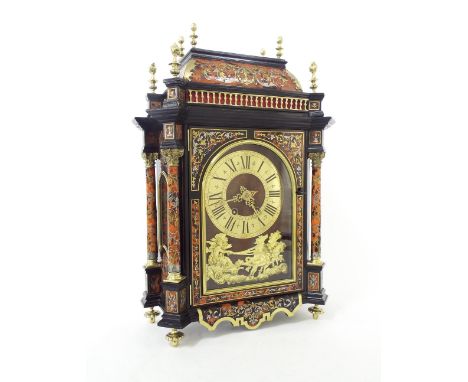 Ebonised and boulle two train decorative mantel clock striking on a gong, the 6" brass chapter ring over a cast embellishment