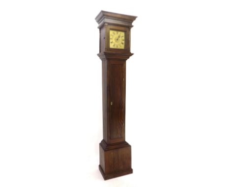 Stained pine thirty hour longcase clock, the 8" square brass dial with centre alarm dial and single iron hand, the slim case 