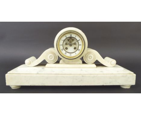 French white marble two train drumhead mantel clock, the movement striking on a bell and the dial with recessed visible escap