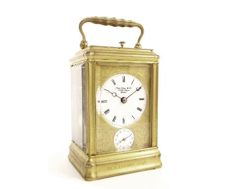 Henri Jacot repeater alarm carriage clock striking on a gong, the movement back plate bearing the maker's trademark logo and 