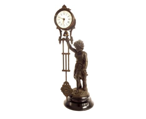 Bronzed spelter mystery mantel clock, 14.5" high overall
