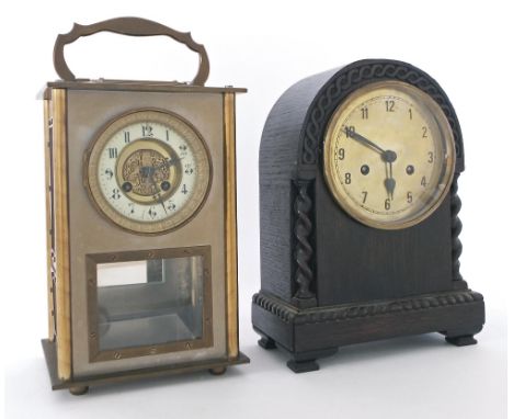 Unusual metal cased two train mantel clock with Mougin movement striking on a bell (missing), the 3.5" cream chapter ring enc