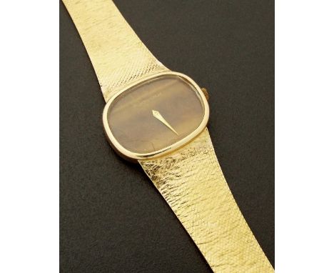Bueche-Girod 9ct dress unisex bracelet watch, London 1972, oval tiger's eye dial with dauphine hands, 17 jewel movement, inte
