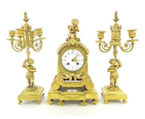 French gilt metal two train mantel clock garniture, the S. Marti movement with outside countwheel striking on a bell, the 3.5