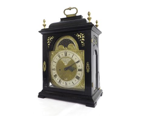 English ebonised double fusee verge bracket clock, the 8" brass arched dial signed William Webster, Exchange Alley, London on