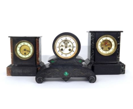 Black slate and green marble two train mantel clock, within a breakfront case, 10" high; also a black slate and malachite two