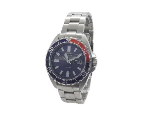 Citizen Eco-Drive WR 200 stainless steel gentleman's bracelet watch, ref. E110-S036631, circular blue textured dial with bato
