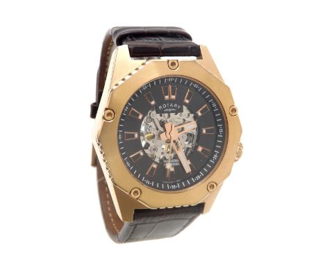 Rotary 'Machined Precision' rose gold plated automatic gentleman's wristwatch, ref. 14644, no. GS03602/A/04, skeleton dial wi