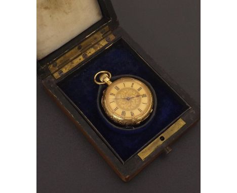 18ct lever engraved fob watch, gilt dial with Roman numerals, 44.8gm, 37mm; within a burr yew case Condition Report: Movement