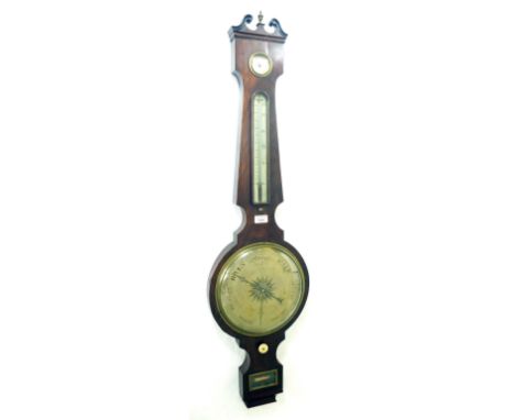 Mahogany four glass banjo barometer signed Negretti & Zambra, London, the 10" principal silvered dial within a tapering shape