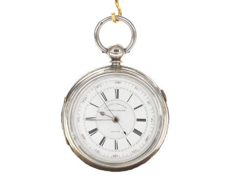 Good silver centre second chronograph pocket watch, Chester 1881, plain gilt three-quarter plate movement, no. 16174, the dia