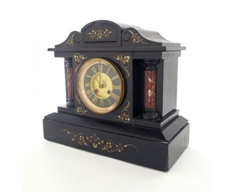 French black slate and red marble two train mantel clock, within a temple case sgraffito with scrolling foliage, 12.5" high (
