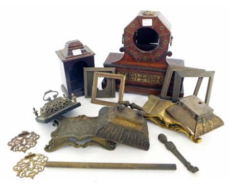 Small quantity of ormolu and cast clock stands and caddy tops etc; also two old mahogany clock cases