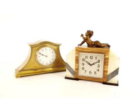 Brass mantel clock timepiece, within a wavy stepped case, 5.75" high; also a Bayard eight day mantel timepiece within an Art 