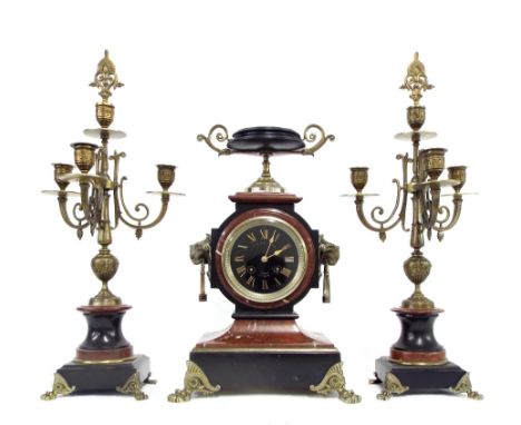 French black slate and red marble two train mantel clock garniture striking on a bell, the 3.75" slate dial signed Imbert Per