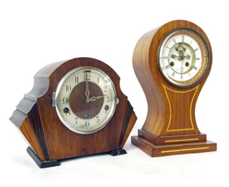 French mahogany and inlaid two train balloon mantel clock with visible recessed escapement, 13.75" high; also an Art Deco cas