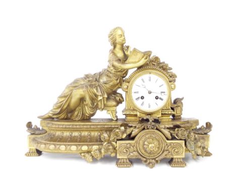 French gilt metal figural two train mantel clock, 15.5" high (pendulum)