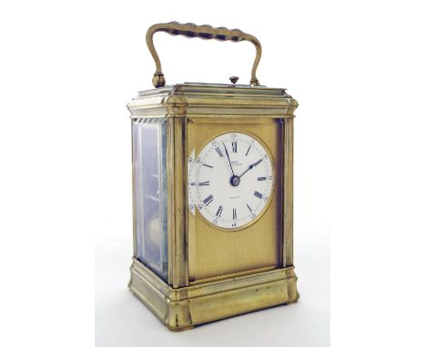 Good repeater carriage clock with Pons movement striking on a bell, the 2" white enamel dial signed Dent, 61 Strand, London, 