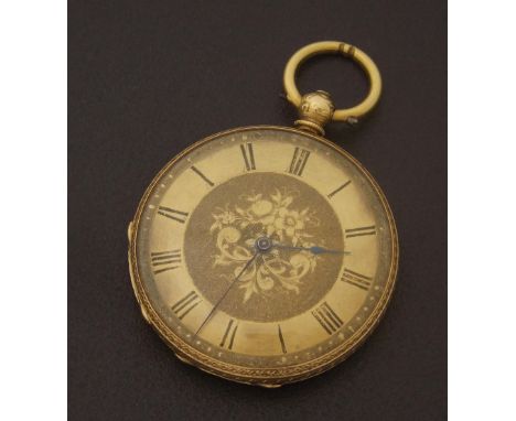 Gold cased cylinder fob watch, gilt bar movement, gilt dial with Roman numerals enclosing a foliate engraved centre, blued st