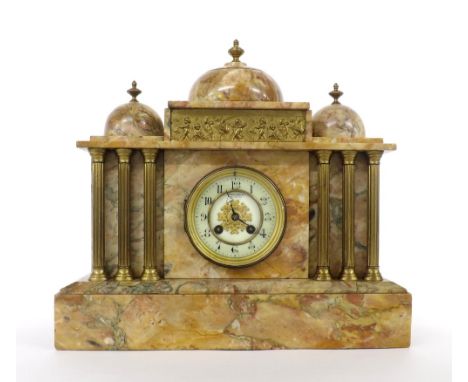 French coloured marble and gilt metal mounted two train mantel clock striking on a gong, the 3.5" cream chapter ring enclosin