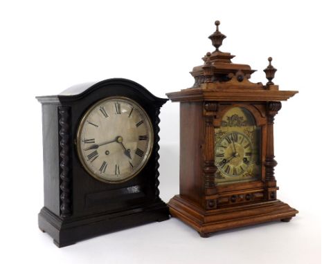 H.A.C. fourteen day strike German walnut two train mantel clock, within an architectural stepped case, 19" high, also a dark 