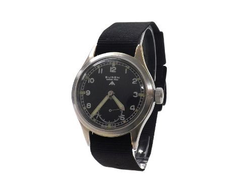 Buren Grand Prix British Military issue stainless steel gentleman's wristwatch, circa 1940s, signed circular black dial with 