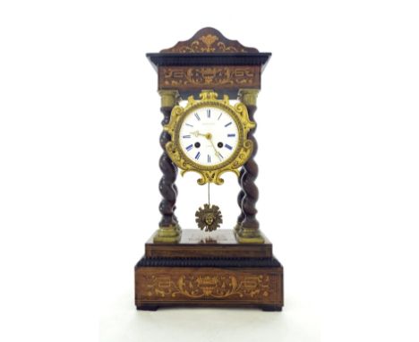 French rosewood two train portico mantel clock, the movement with outside countwheel striking on a bell, the 3.75" white dial