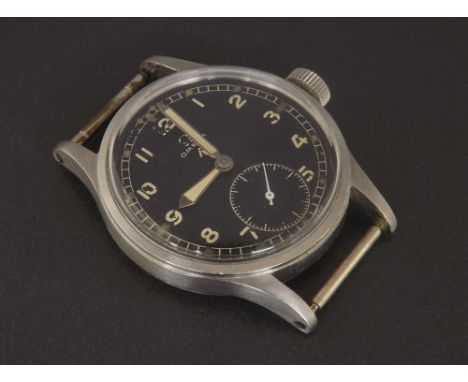 Omega British Military issue stainless steel gentleman's wristwatch, circa 1940s, black dial with Military broad arrow, Arabi