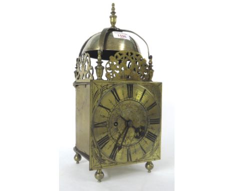 Brass double fusee lantern clock, the 7" square brass dial signed Francis Stamper, London to the foliate engraved centre with