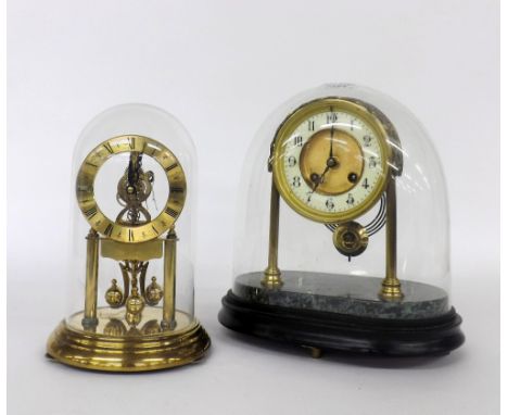 Small French two train mantel clock striking on a bell, the 3.75" cream chapter ring enclosing a recessed gilded centre, unde