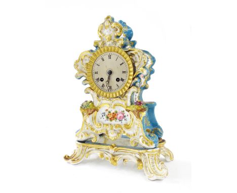 French painted pottery two train mantel clock, the movement with outside countwheel striking on a bell, the 2.5" silvered dia