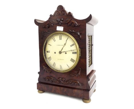 Scottish mahogany double fusee bracket clock, the 8" cream dial signed J.H. Kelly, Glasgow, the case with applied foliate mou
