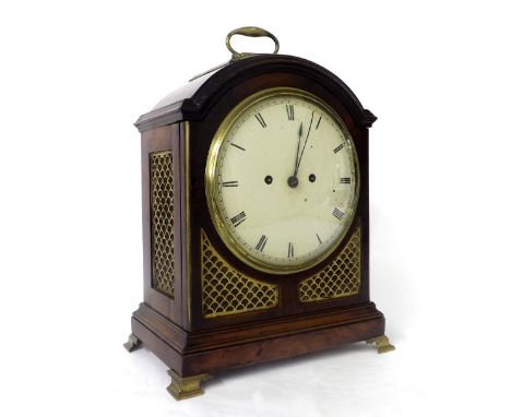 English mahogany double fusee bracket clock, the 8" convex white dial within a stepped case with pierced brass fish scale fro