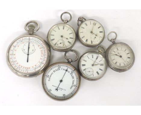 Four silver pocket watches in need of repair, including a chronograph pocket watch; Mappin & Webb chrome cased barometer and 