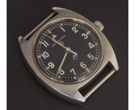 Hamilton Military issue stainless steel gentleman's wristwatch, circa 1973, black dial with Arabic numerals, luminous dot mar