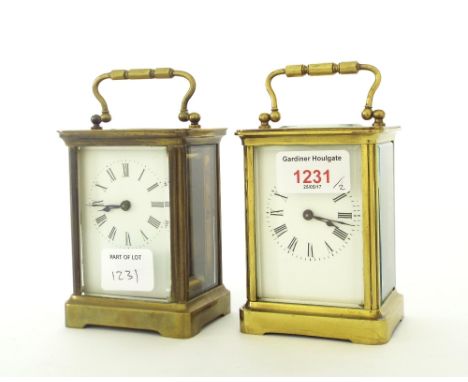 Two carriage clock timepieces, within brass corniche cases, both 5.75" high (2)